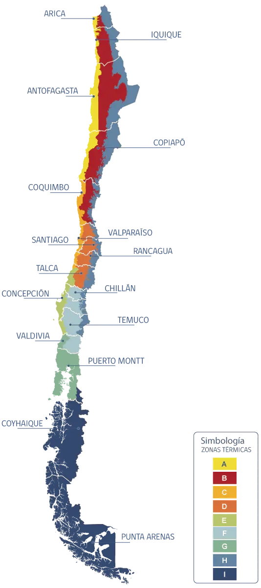 Mapa de Chile con sus zonas térmicas